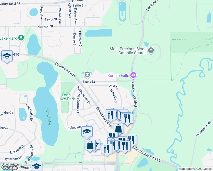 map of restaurants, bars, coffee shops, grocery stores, and more near 281 Lynn Street in Oviedo
