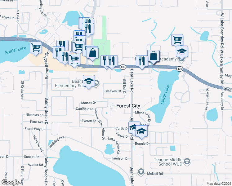 map of restaurants, bars, coffee shops, grocery stores, and more near 3512 Gleaves Court in Apopka