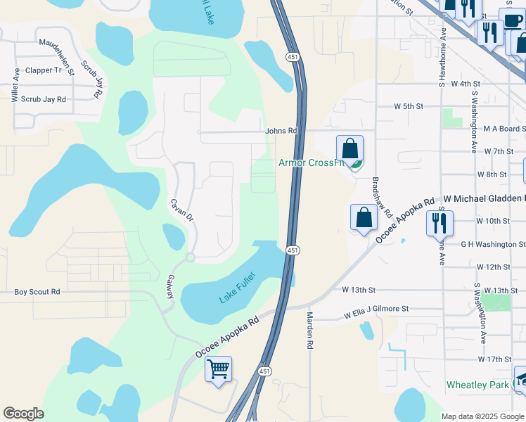 map of restaurants, bars, coffee shops, grocery stores, and more near 890 Johns Road in Apopka
