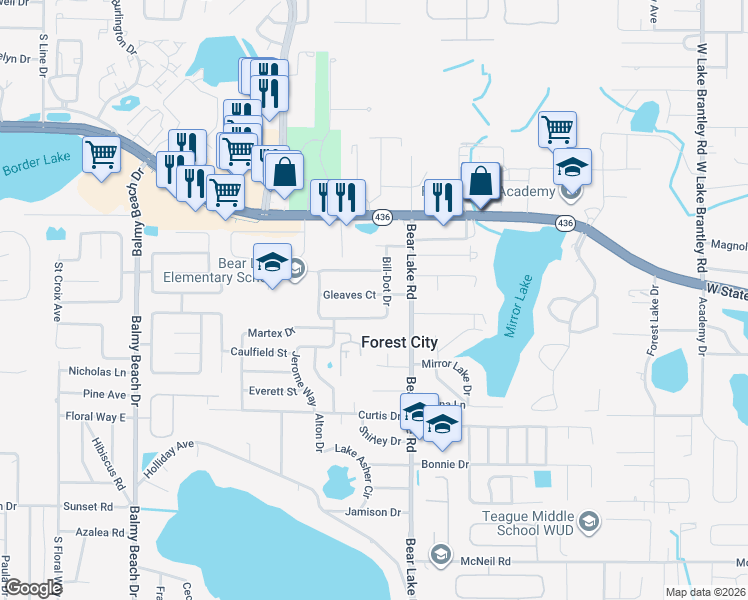 map of restaurants, bars, coffee shops, grocery stores, and more near 3512 Gleaves Court in Apopka