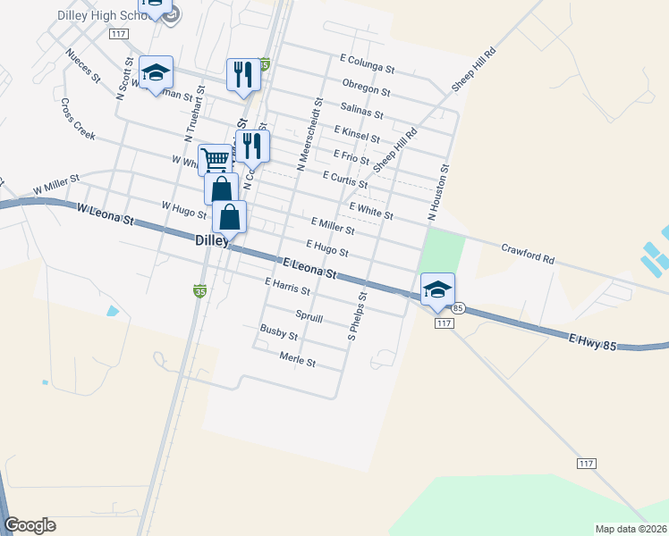 map of restaurants, bars, coffee shops, grocery stores, and more near 322 East Leona Street in Dilley