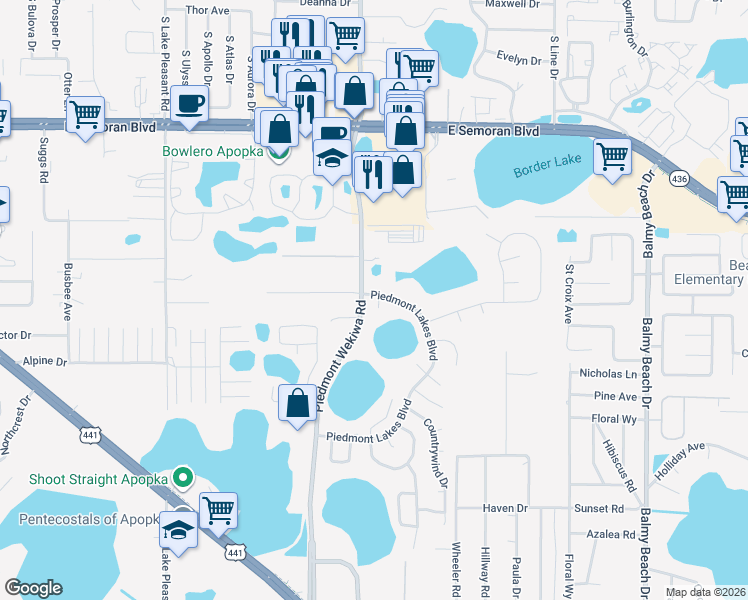 map of restaurants, bars, coffee shops, grocery stores, and more near 2330 Piedmont Lakes Boulevard in Apopka