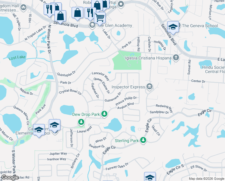 map of restaurants, bars, coffee shops, grocery stores, and more near 1301 Queen Elaine Drive in Casselberry
