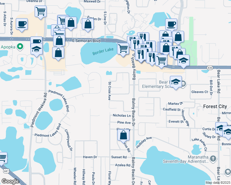 map of restaurants, bars, coffee shops, grocery stores, and more near 2946 Bermuda Avenue South in Apopka