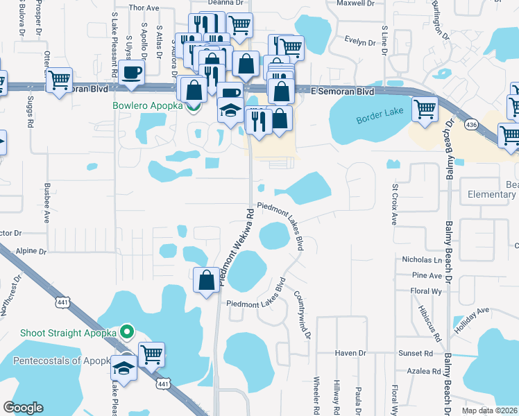 map of restaurants, bars, coffee shops, grocery stores, and more near 2330 Piedmont Lakes Boulevard in Apopka