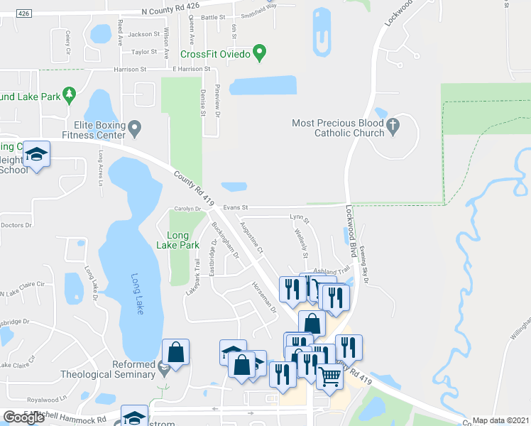 map of restaurants, bars, coffee shops, grocery stores, and more near 251 Lynn Street in Oviedo