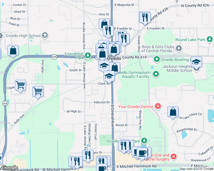 map of restaurants, bars, coffee shops, grocery stores, and more near 261 South Central Avenue in Oviedo