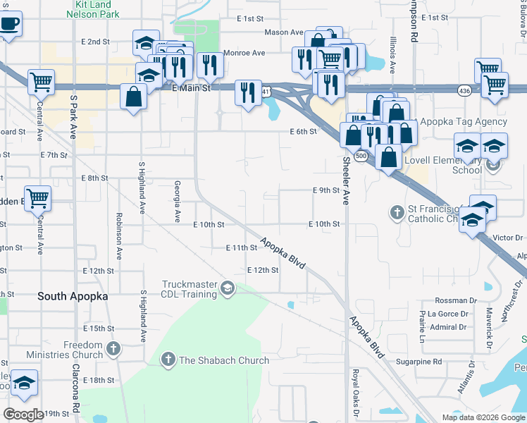 map of restaurants, bars, coffee shops, grocery stores, and more near 924 Haas Avenue in Apopka