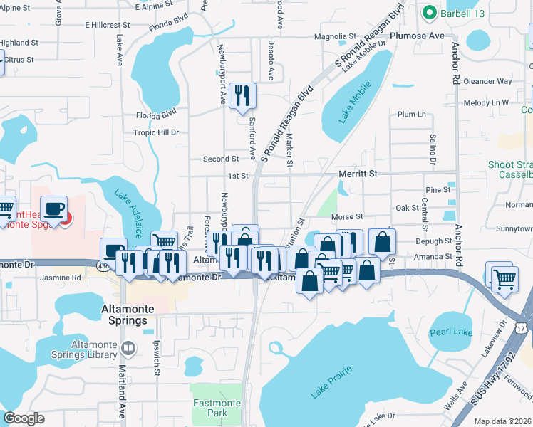 map of restaurants, bars, coffee shops, grocery stores, and more near 116 Terrace Lane in Altamonte Springs