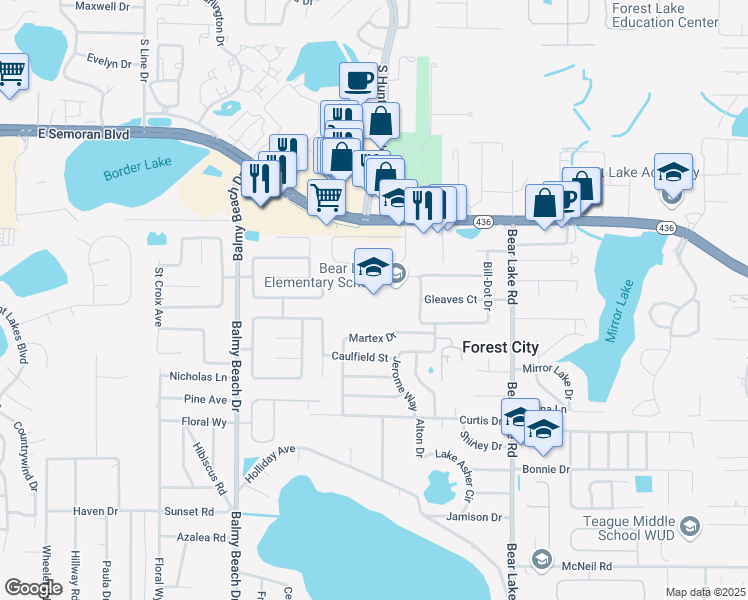 map of restaurants, bars, coffee shops, grocery stores, and more near 3399 Gleaves Court in Apopka