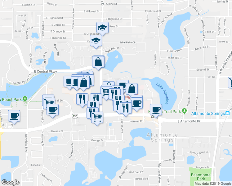 map of restaurants, bars, coffee shops, grocery stores, and more near 308 Windmeadows Street in Altamonte Springs
