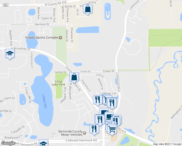 map of restaurants, bars, coffee shops, grocery stores, and more near 281 Lynn Street in Oviedo
