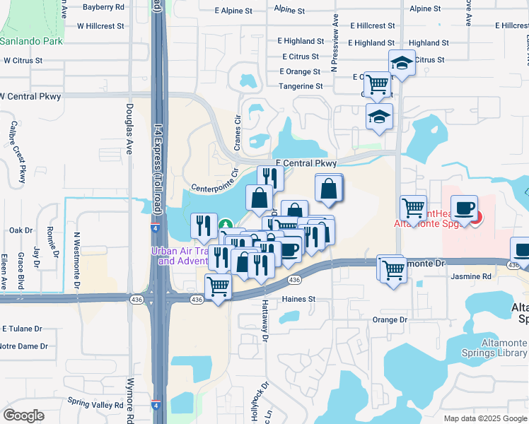 map of restaurants, bars, coffee shops, grocery stores, and more near 307 Cranes Roost Boulevard in Altamonte Springs