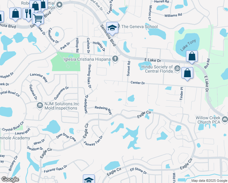map of restaurants, bars, coffee shops, grocery stores, and more near 1800 South Drive in Casselberry