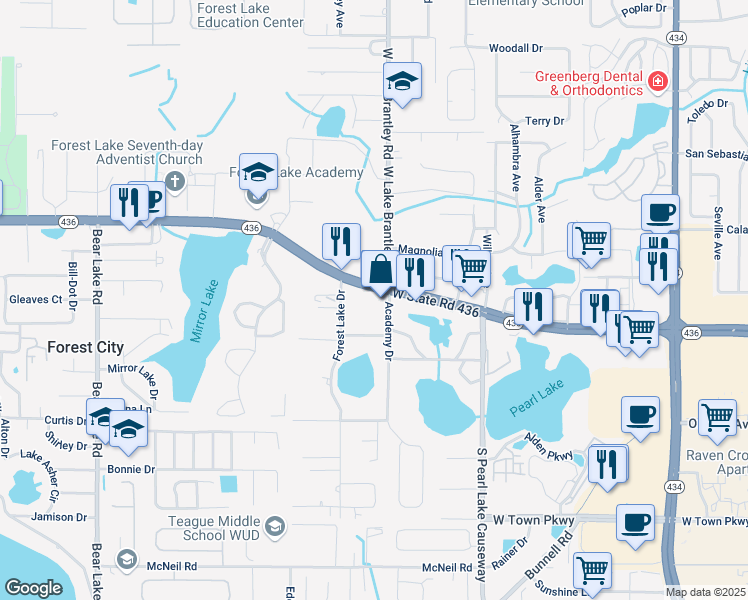 map of restaurants, bars, coffee shops, grocery stores, and more near 1220 Florida 436 in Altamonte Springs