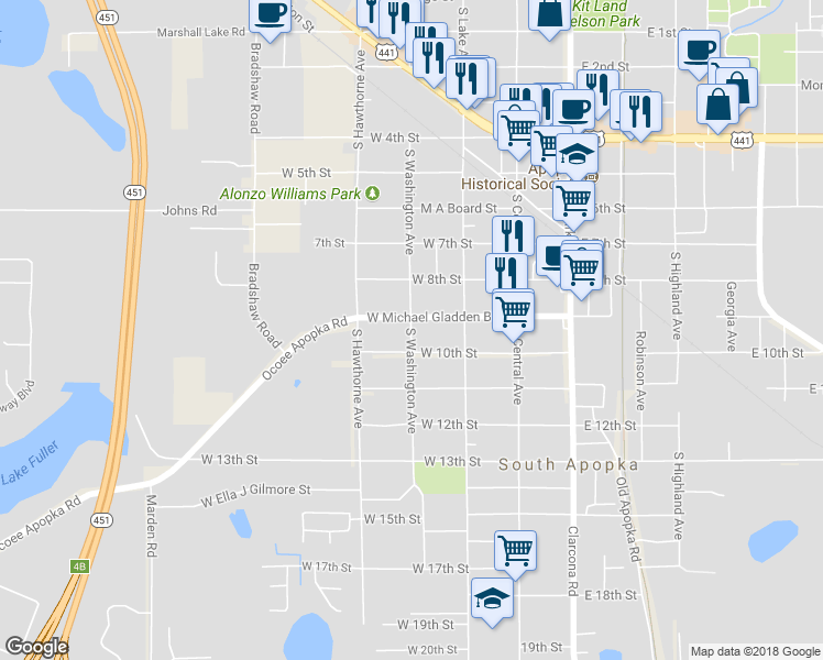 map of restaurants, bars, coffee shops, grocery stores, and more near 915 South Washington Avenue in Apopka
