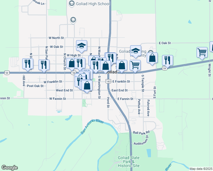 map of restaurants, bars, coffee shops, grocery stores, and more near 224 South Jefferson Street in Goliad