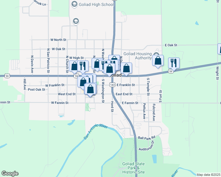 map of restaurants, bars, coffee shops, grocery stores, and more near 224 South Jefferson Street in Goliad