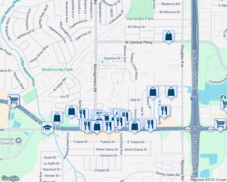 map of restaurants, bars, coffee shops, grocery stores, and more near 333 Los Altos Way in Altamonte Springs
