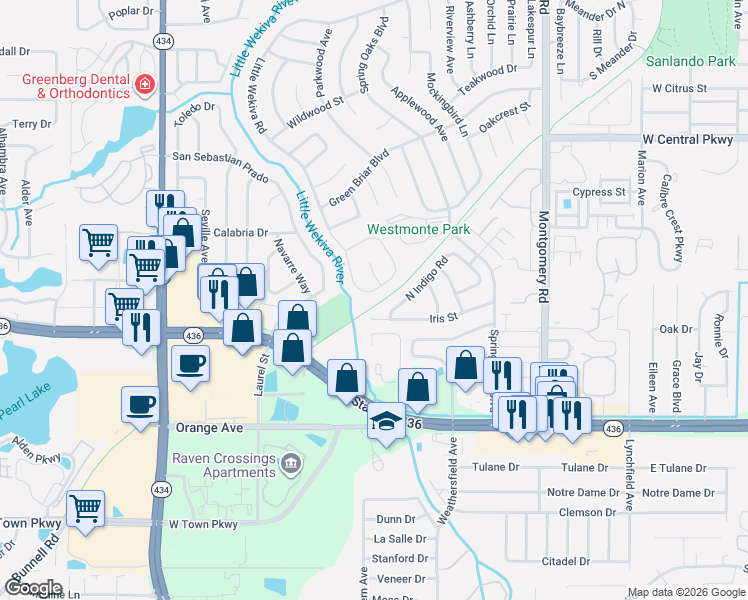 map of restaurants, bars, coffee shops, grocery stores, and more near 631 North Indigo Road in Altamonte Springs