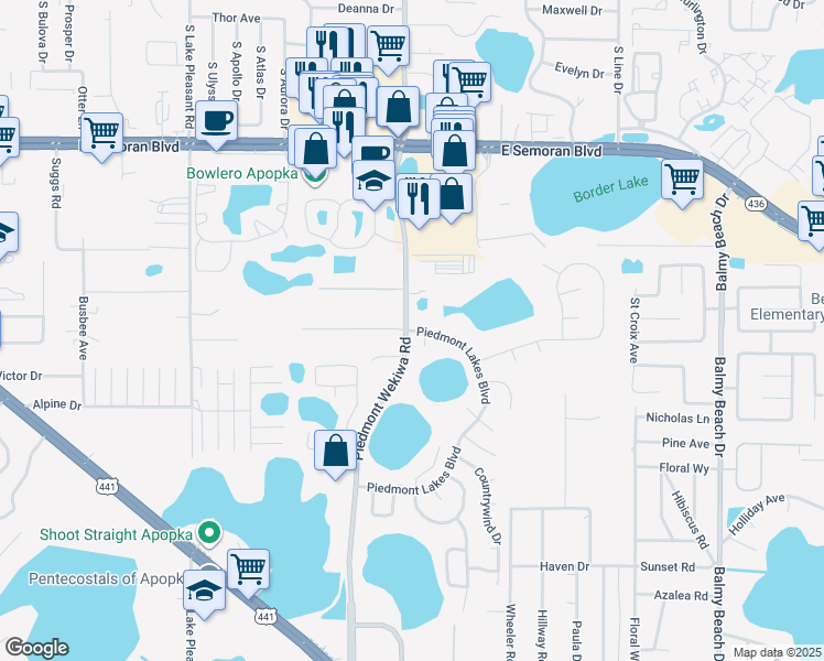 map of restaurants, bars, coffee shops, grocery stores, and more near 2330 Piedmont Lakes Boulevard in Apopka