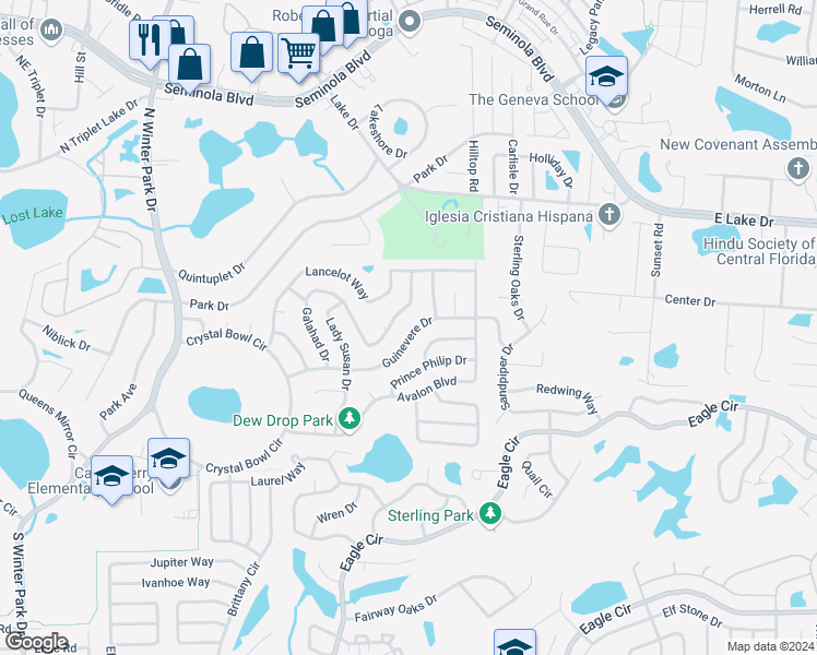 map of restaurants, bars, coffee shops, grocery stores, and more near 1420 Guinevere Drive in Casselberry