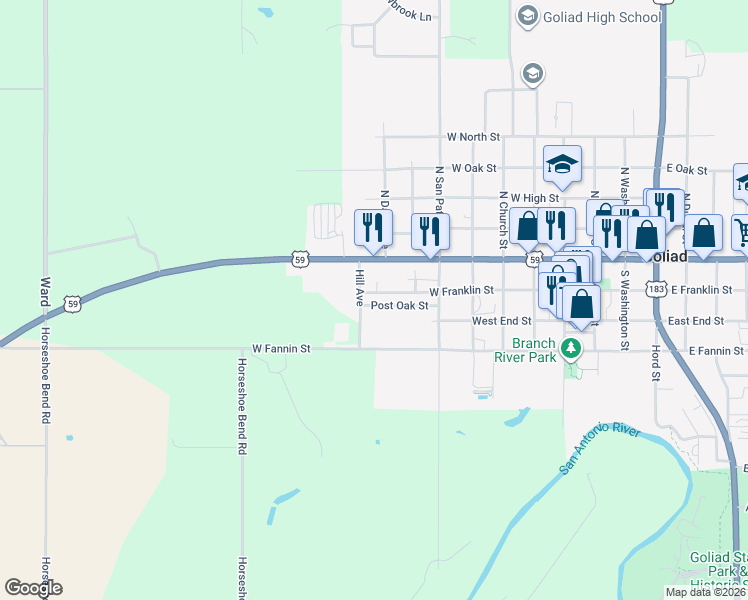 map of restaurants, bars, coffee shops, grocery stores, and more near 743 West Franklin Street in Goliad