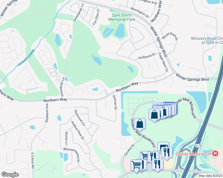 map of restaurants, bars, coffee shops, grocery stores, and more near 1214 Northern Way in Winter Springs