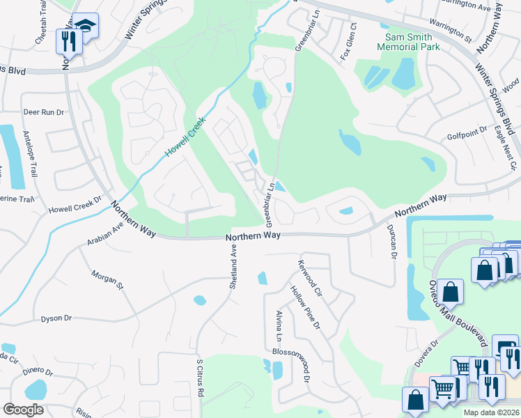 map of restaurants, bars, coffee shops, grocery stores, and more near 1032 Knoll Wood Court in Winter Springs