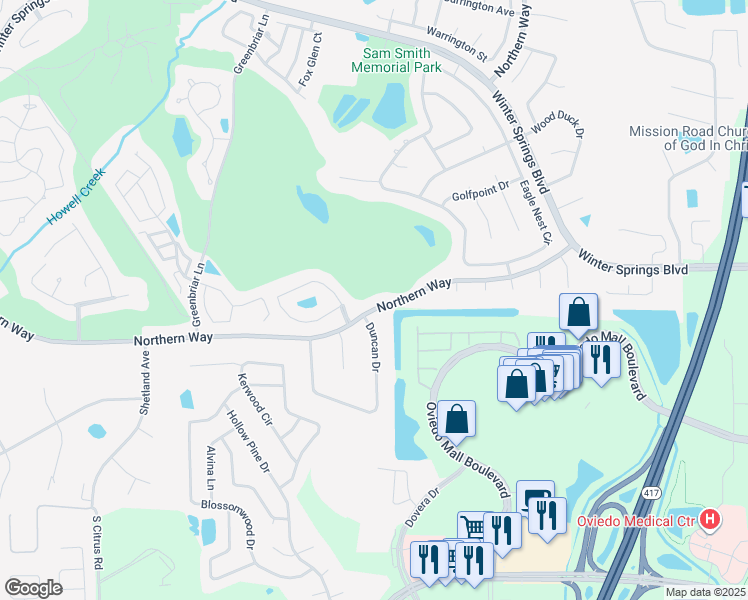 map of restaurants, bars, coffee shops, grocery stores, and more near 1214 Northern Way in Winter Springs
