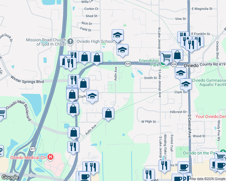 map of restaurants, bars, coffee shops, grocery stores, and more near in Oviedo