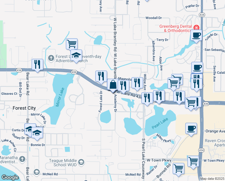 map of restaurants, bars, coffee shops, grocery stores, and more near 1220 Florida 436 in Altamonte Springs