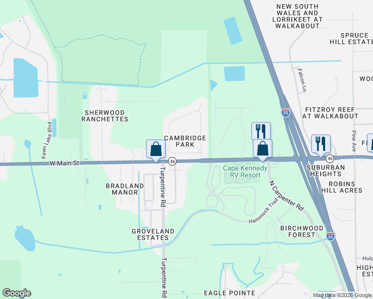 map of restaurants, bars, coffee shops, grocery stores, and more near 5039 Cambridge Drive in Mims