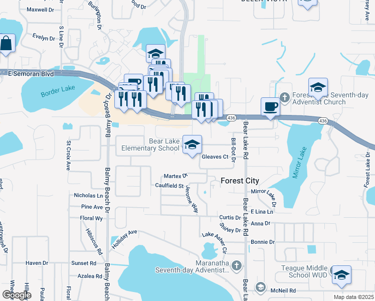map of restaurants, bars, coffee shops, grocery stores, and more near 3399 Gleaves Court in Apopka