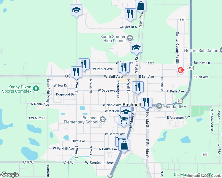map of restaurants, bars, coffee shops, grocery stores, and more near 214 West Dade Avenue in Bushnell