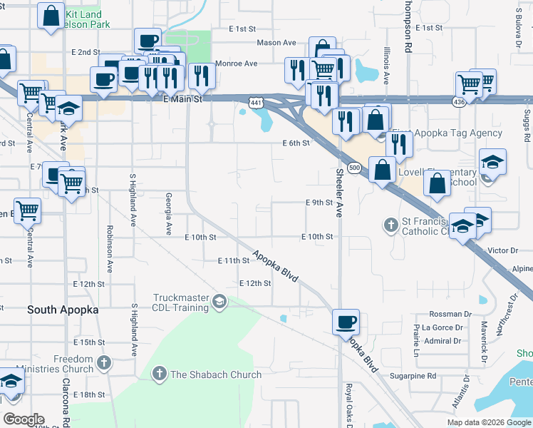 map of restaurants, bars, coffee shops, grocery stores, and more near 924 Haas Avenue in Apopka