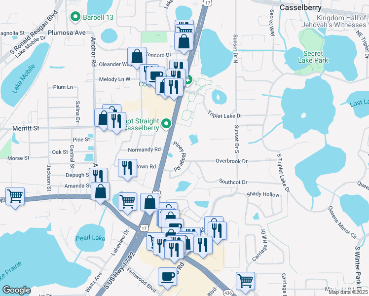 map of restaurants, bars, coffee shops, grocery stores, and more near 325 Piney Ridge Road in Casselberry