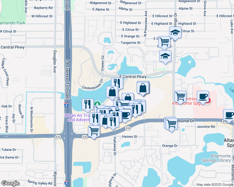 map of restaurants, bars, coffee shops, grocery stores, and more near 307 Cranes Roost Boulevard in Altamonte Springs