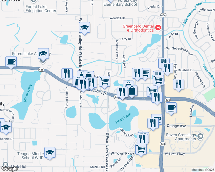 map of restaurants, bars, coffee shops, grocery stores, and more near 1101 Florida 436 in Forest City