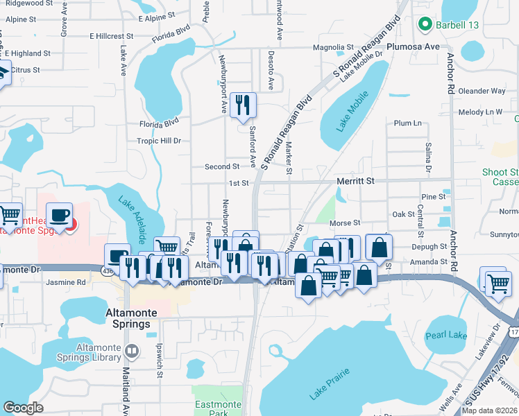map of restaurants, bars, coffee shops, grocery stores, and more near 116 Terrace Lane in Altamonte Springs