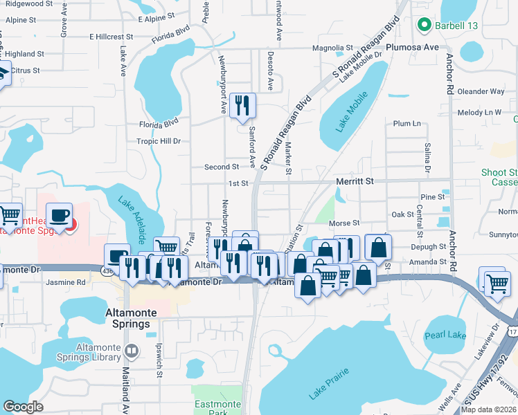 map of restaurants, bars, coffee shops, grocery stores, and more near 116 Terrace Lane in Altamonte Springs