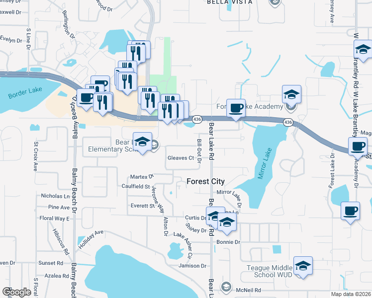 map of restaurants, bars, coffee shops, grocery stores, and more near 3512 Gleaves Court in Apopka