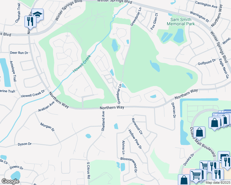 map of restaurants, bars, coffee shops, grocery stores, and more near 1024 Knoll Wood Court in Winter Springs
