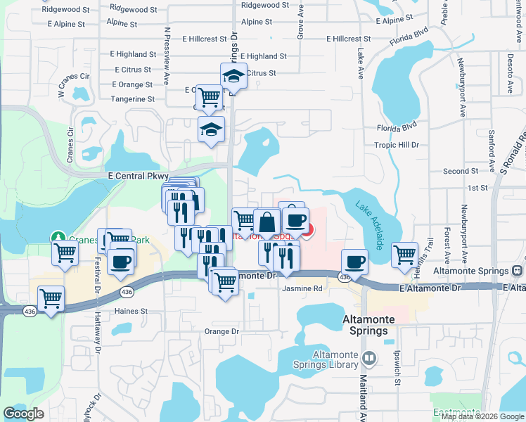map of restaurants, bars, coffee shops, grocery stores, and more near 308 Windmeadows Street in Altamonte Springs