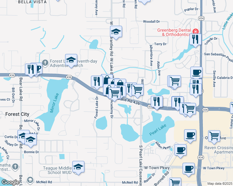 map of restaurants, bars, coffee shops, grocery stores, and more near 1165 Magnolia Drive in Altamonte Springs