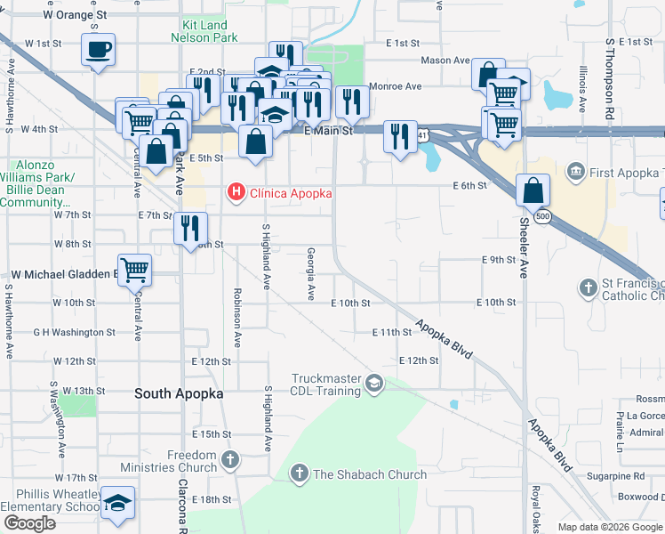map of restaurants, bars, coffee shops, grocery stores, and more near 450 East 8th Street in Apopka