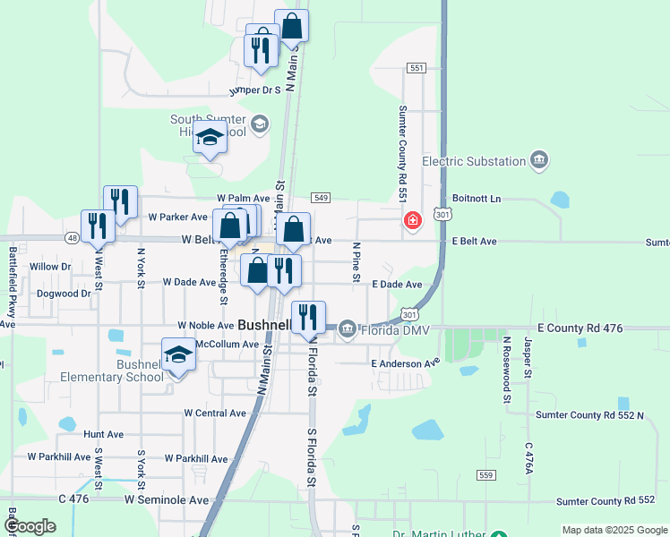map of restaurants, bars, coffee shops, grocery stores, and more near 208 East Vermont Avenue in Bushnell