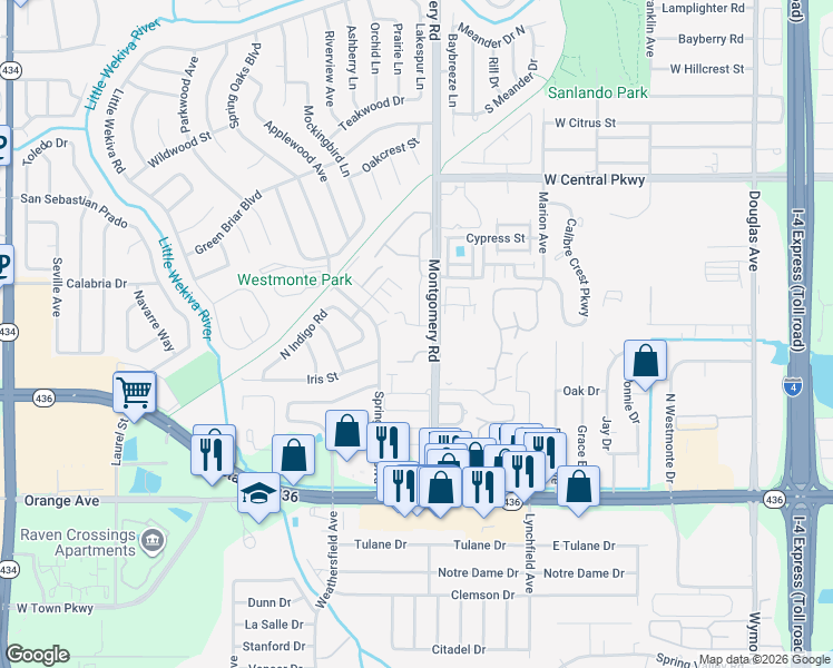 map of restaurants, bars, coffee shops, grocery stores, and more near 486 Majestic Way in Altamonte Springs