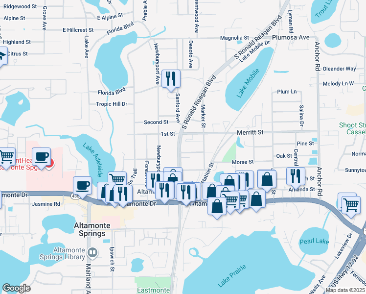 map of restaurants, bars, coffee shops, grocery stores, and more near 2591 South Ronald Reagan Boulevard in Altamonte Springs