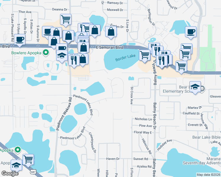 map of restaurants, bars, coffee shops, grocery stores, and more near 2635 Spring Glen Lane in Apopka